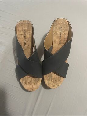 Lucky Brand Blue Cork Crossover Wedge Sandals